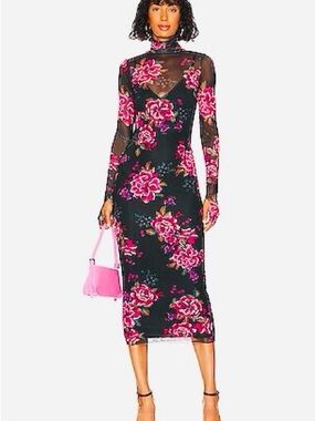 AFRM Black Mesh Midi Dress with Pink Floral Print Shailene Dress in Noir Pink